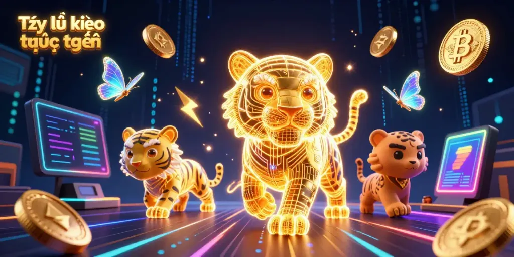 Experience Tỷ lệ kèo trực tuyến with a dynamic casino scene featuring a neon tiger and glowing crypto coins.