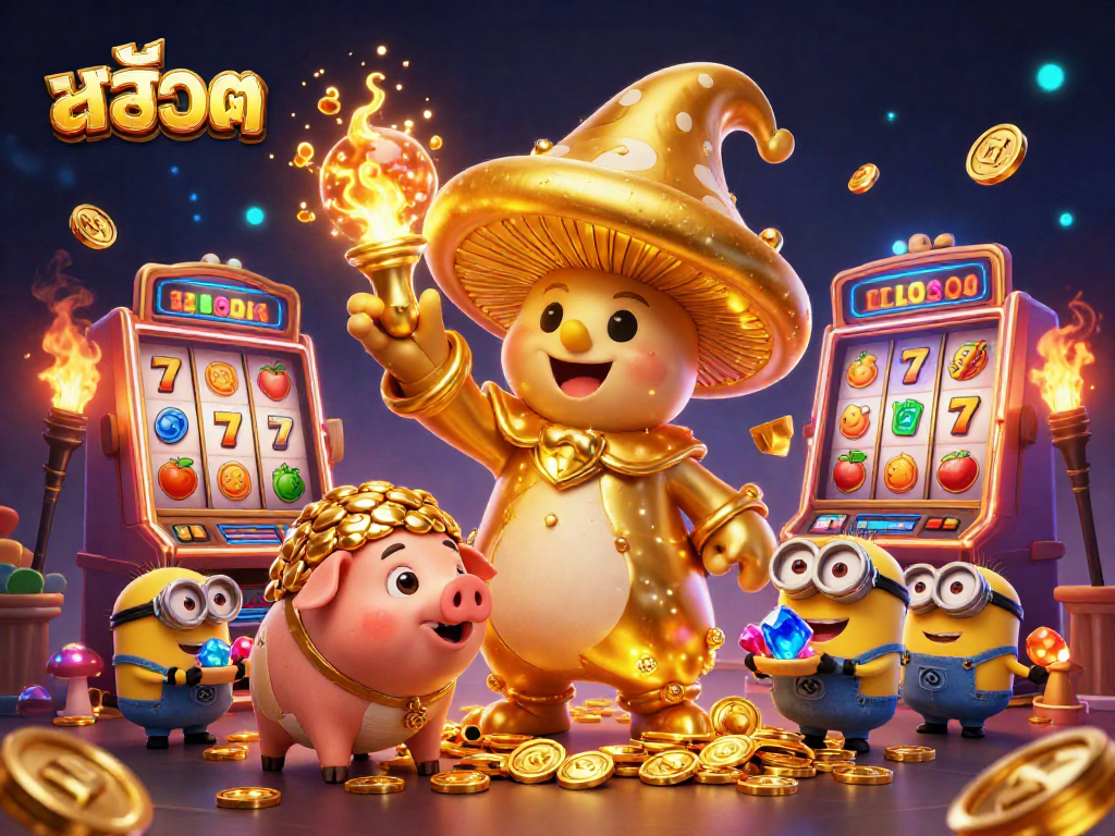 Engage with สล็อต game excitement in a vibrant 3D casino scene featuring golden wizard magic and treasure.