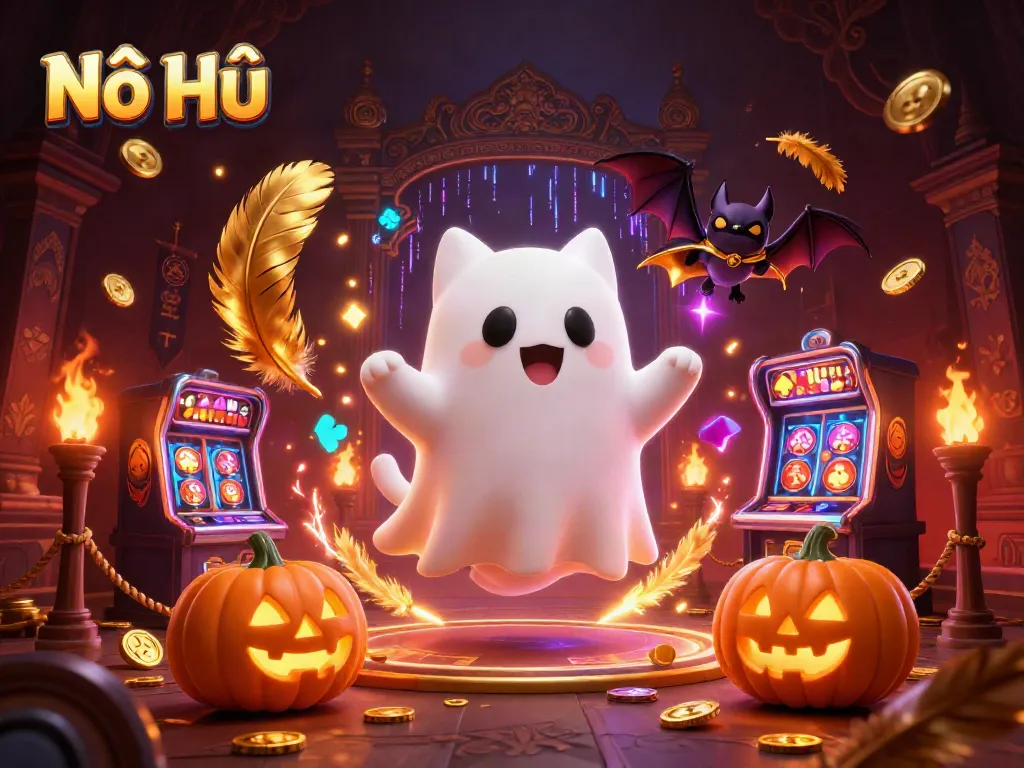 Nổ Hũ glows as a friendly ghost cat haunts a casino filled with vibrant gold coins and engaging game elements.