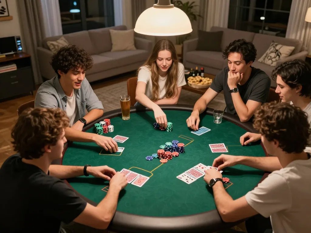 Friends enjoying a lively poker game at home with SC88 cards and chips visible