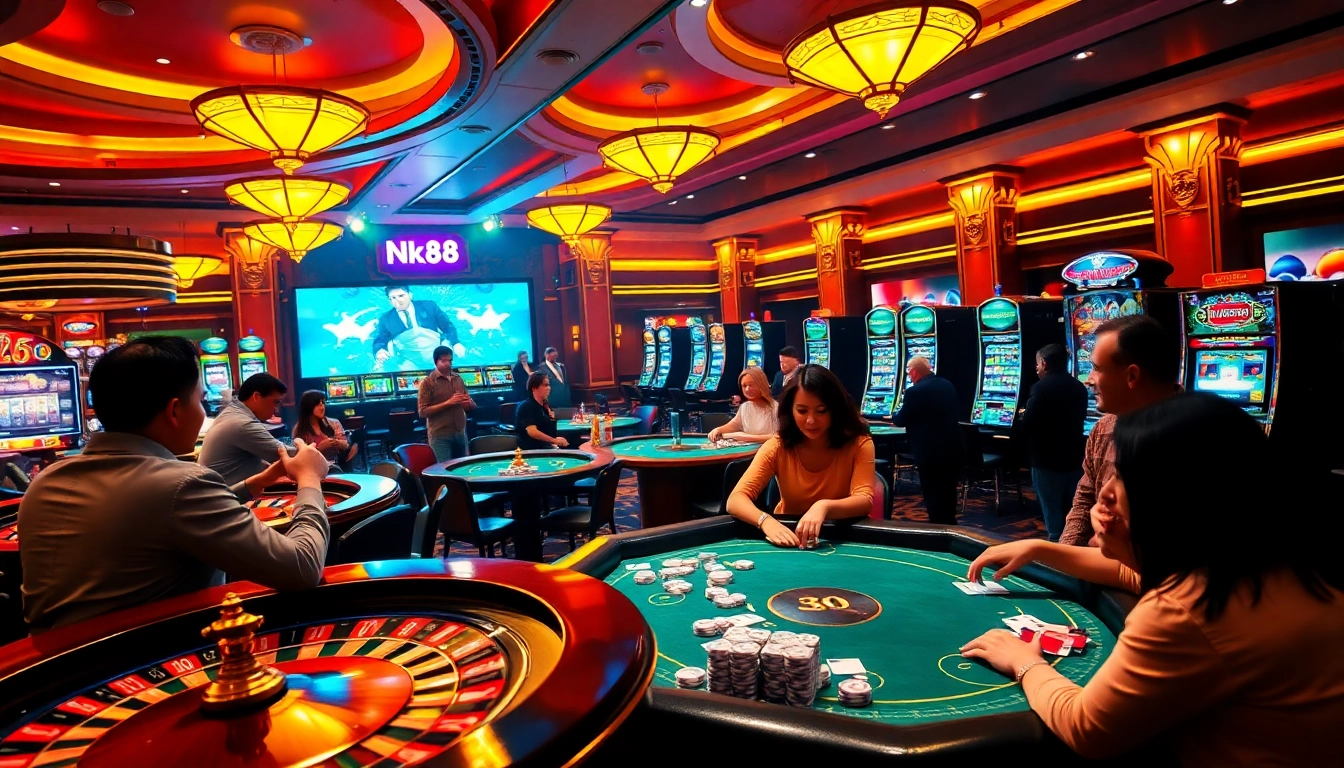 Excited players enjoying diverse games at nk88.com in a luxurious casino environment.