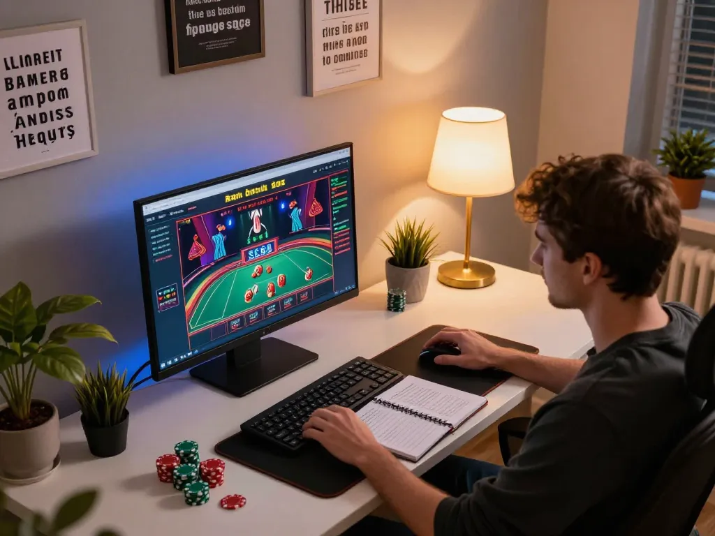 Player engaging with SC88 online gaming platform, focusing on dealer game while reviewing strategy notes.