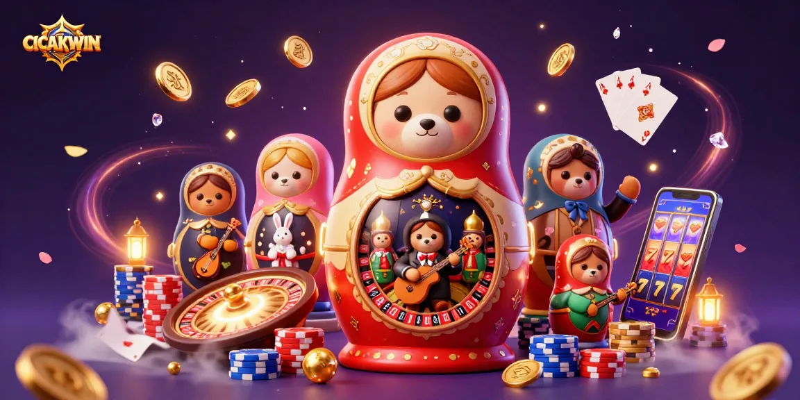 CICAKWIN showcases a lively casino scene with a Matryoshka bear and gems, enhancing your gaming experience.