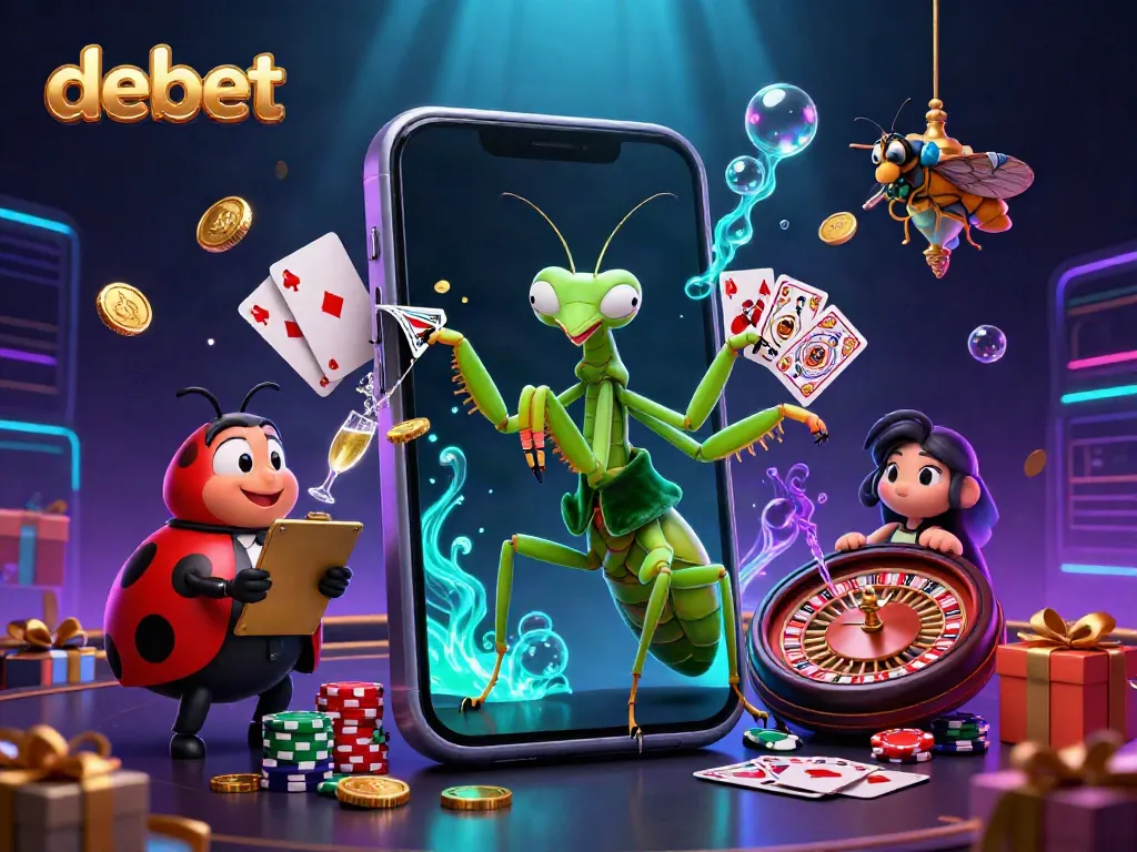 Engaging scene featuring debet's cartoon giant mantis card sharp and vibrant casino elements.