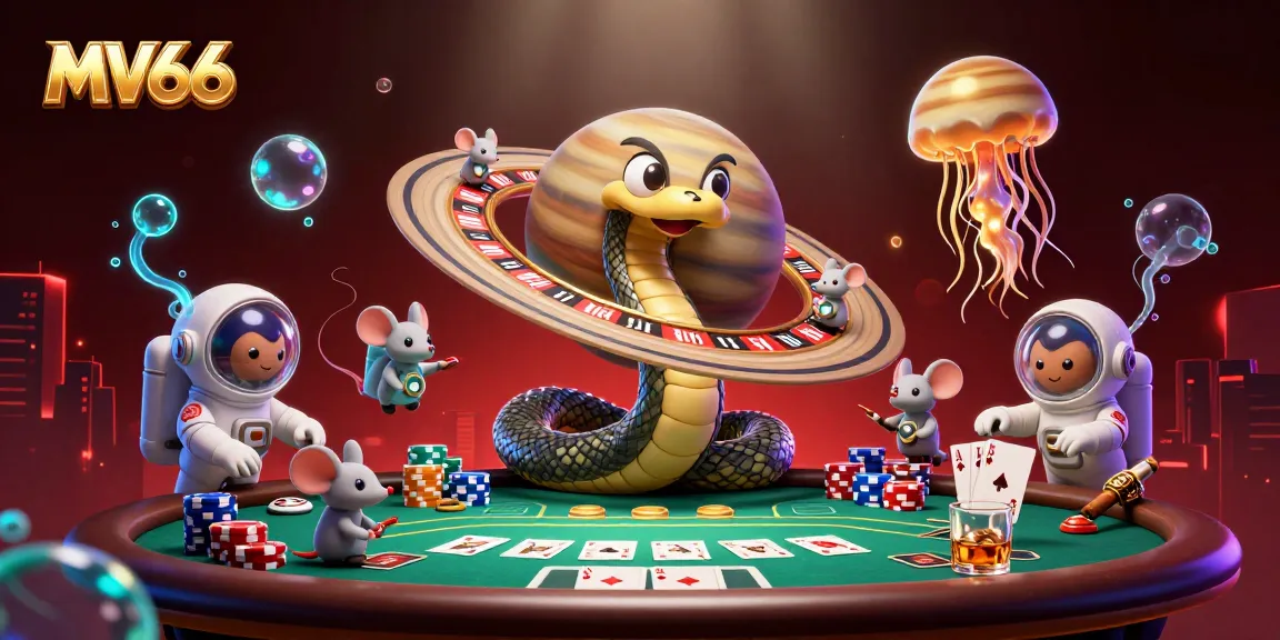 MV66 cosmic casino scene with Saturn ring snake and astronaut mice betting on roulette.