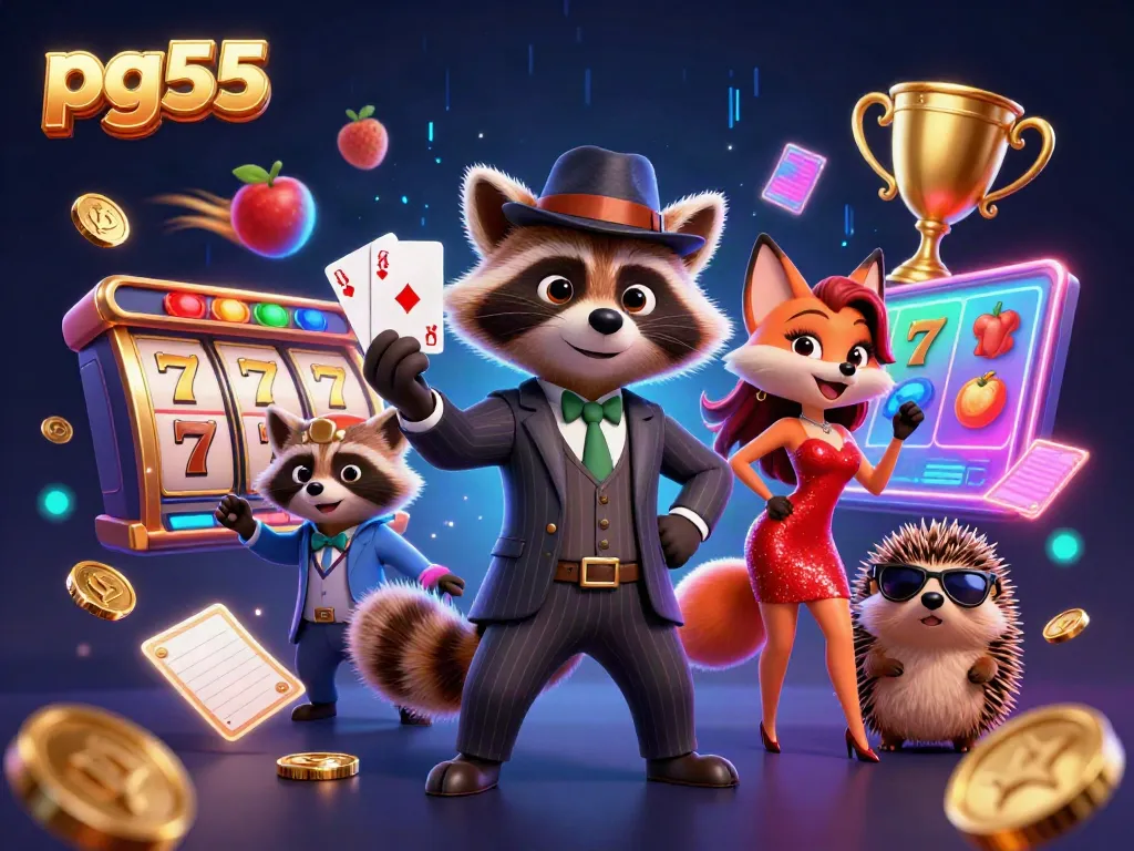 Experience thrilling action at pg55 with a suave raccoon, charming fox, and hedgehog bouncer amidst dynamic gaming elements.