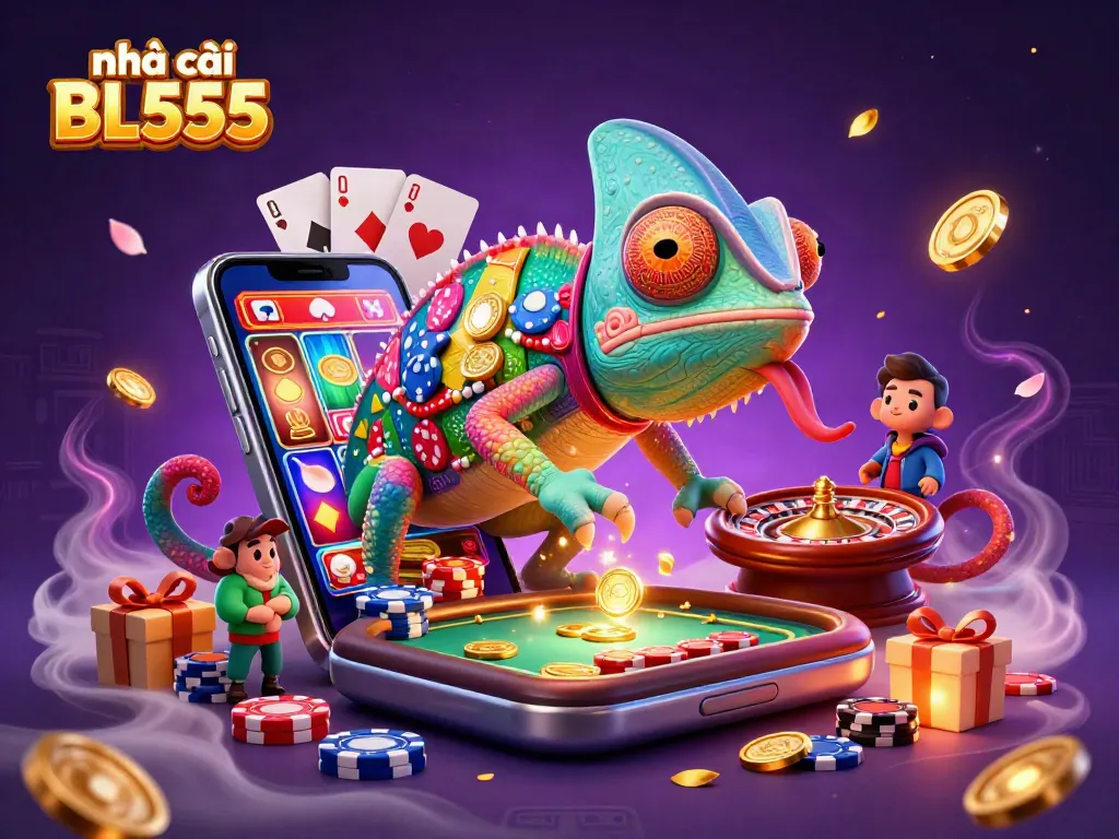 Experience exciting gameplay at nhà cái BL555 with a vibrant 3D casino illustration showcasing dynamic gaming elements.