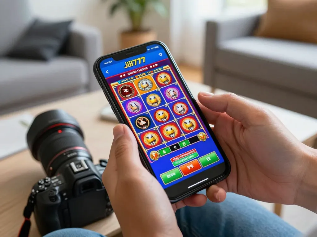 Engage with Jili777 Online Casino app on your smartphone, showcasing interactive gameplay and vibrant design