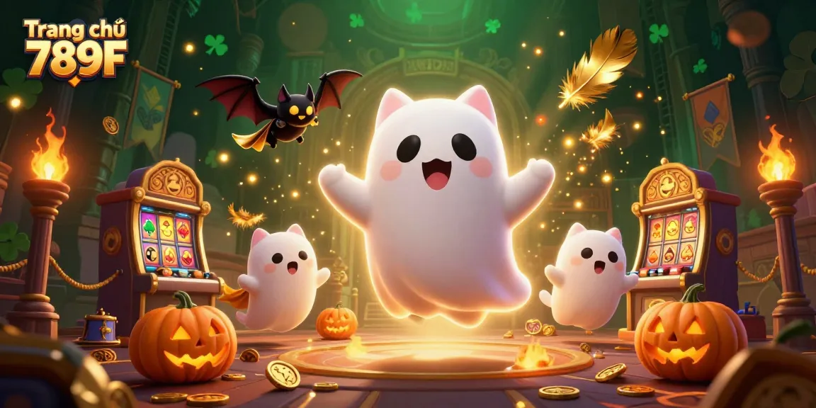 Experience thrilling gameplay with Trang chủ 789F and a friendly ghost cat amidst glowing poker-themed jack-o-lanterns.