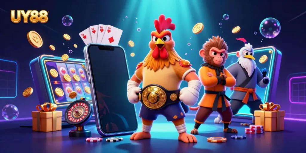 Hội viên UY88 tham gia trò chơi cá cược hấp dẫn với hình ảnh sôi động của rooster quyền anh và monkey võ sĩ.