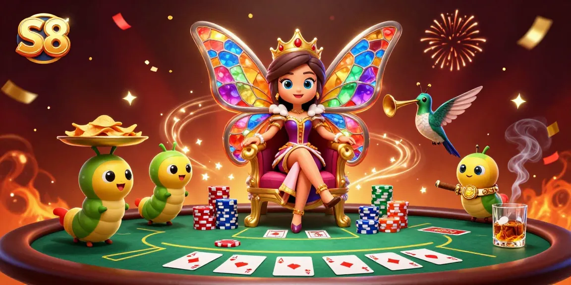 Experience the vibrant S8 gaming world with a lively scene featuring poker elements and a butterfly queen.