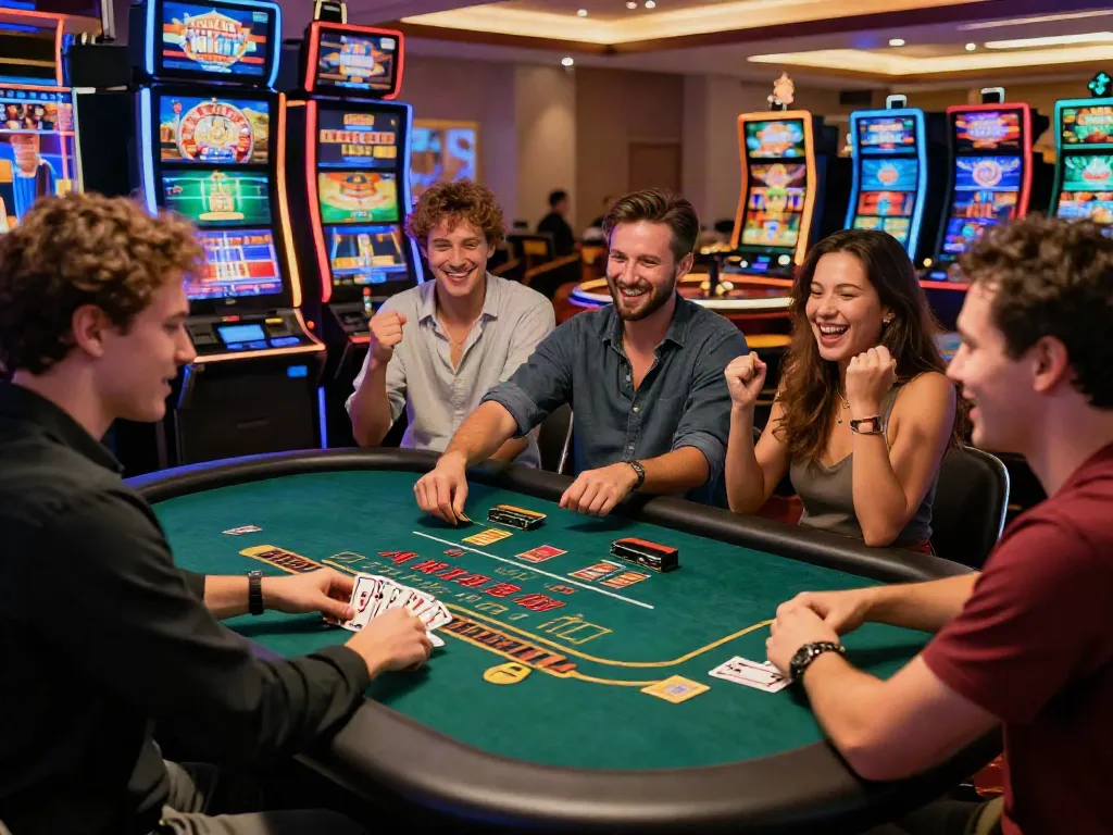 Exciting atmosphere at online casinos that accept credit card, showing diverse players engaged in lively gaming.