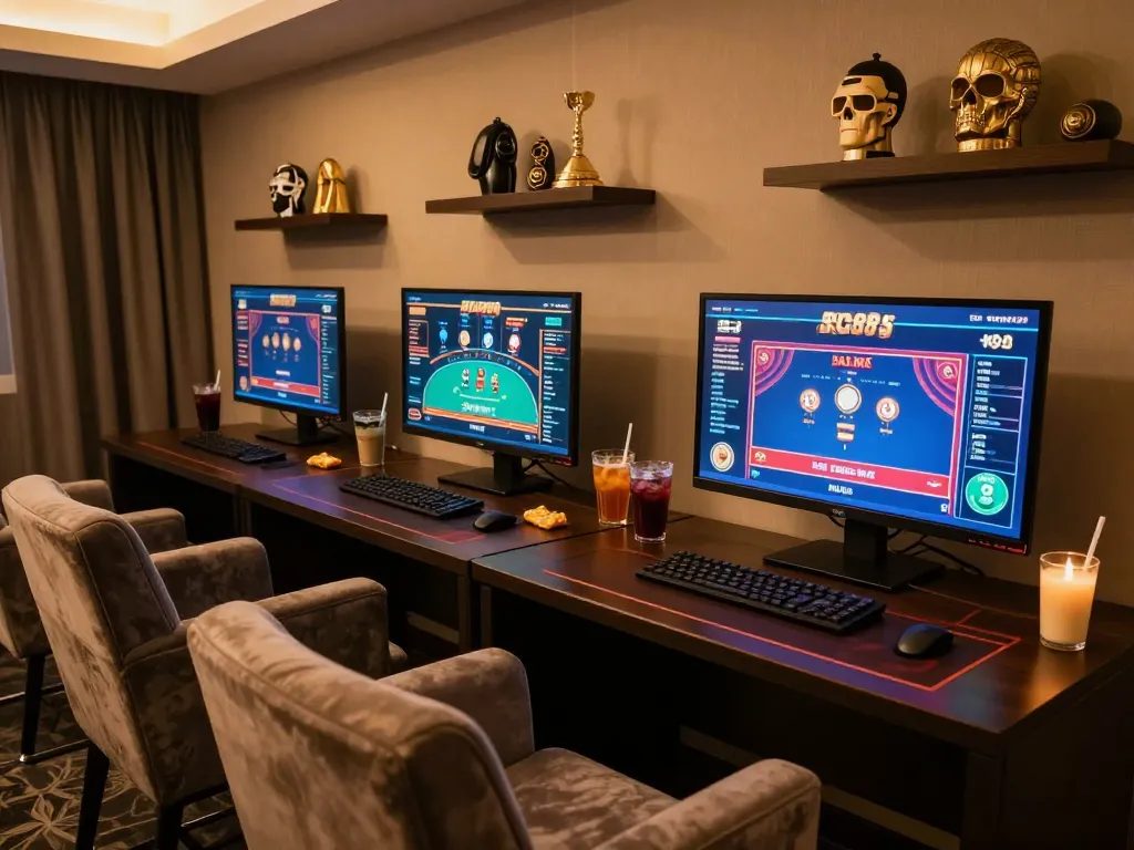 Engage with SC88's thrilling online poker games at a stylish home gaming setup, inviting atmosphere.