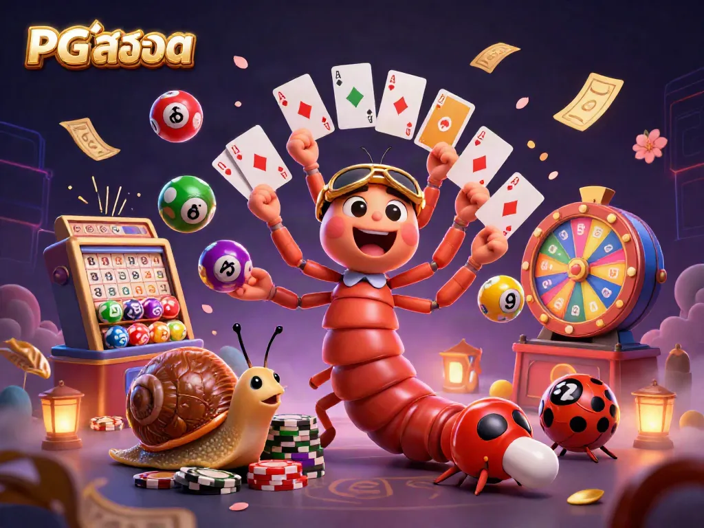 Engage with PG สล็อต's vibrant scene featuring a millipede dealer and exciting game elements.