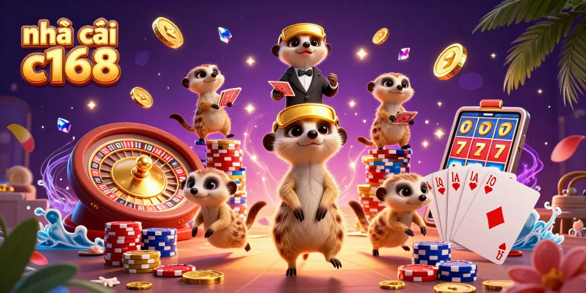 Engage with nhà cái c168 featuring a cartoon meerkat-themed casino scene with golden coins, chips, and dynamic game elements.