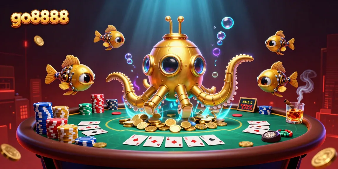 Engage with go8888 at a lively poker scene with a golden kraken submarine amidst vibrant casino elements.