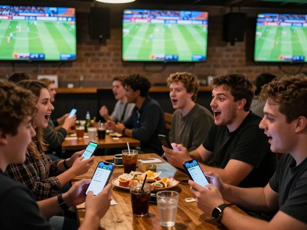 Fans engaging with the SC88 betting app during a live sports match in a vibrant bar setting