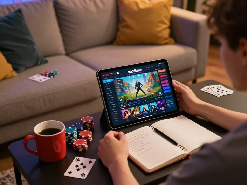 Xocdiaonline player examining gaming strategies on a tablet during a cozy home session