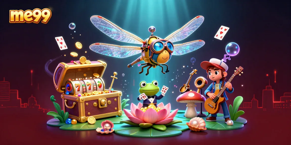 Experience thrilling online gaming with me99's vibrant dragonfly pilot and frog dealer at a lily pad casino.