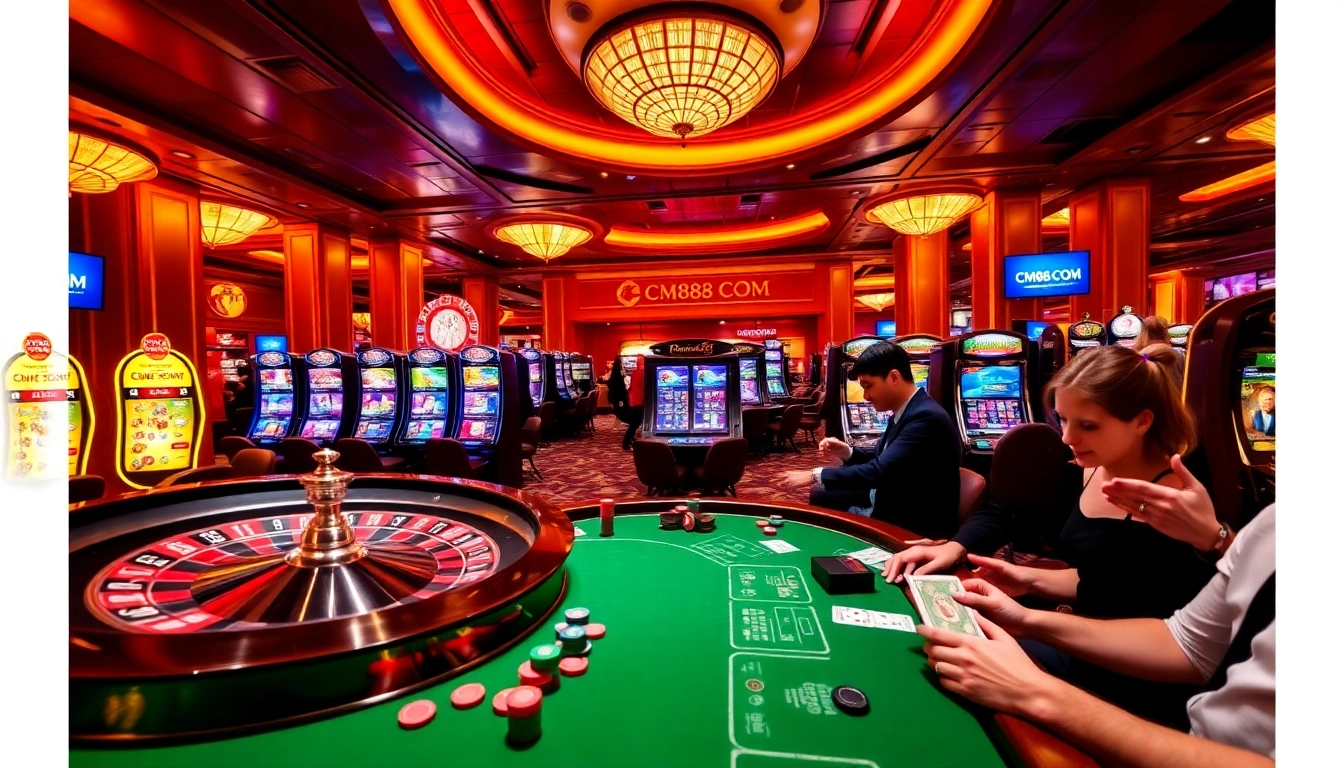 Experience thrilling gaming with CM88 COM at a luxurious casino featuring poker tables and roulette wheels.