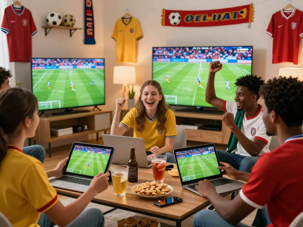 Xoilac streaming soccer fans celebrating a live match in a cozy living room.
