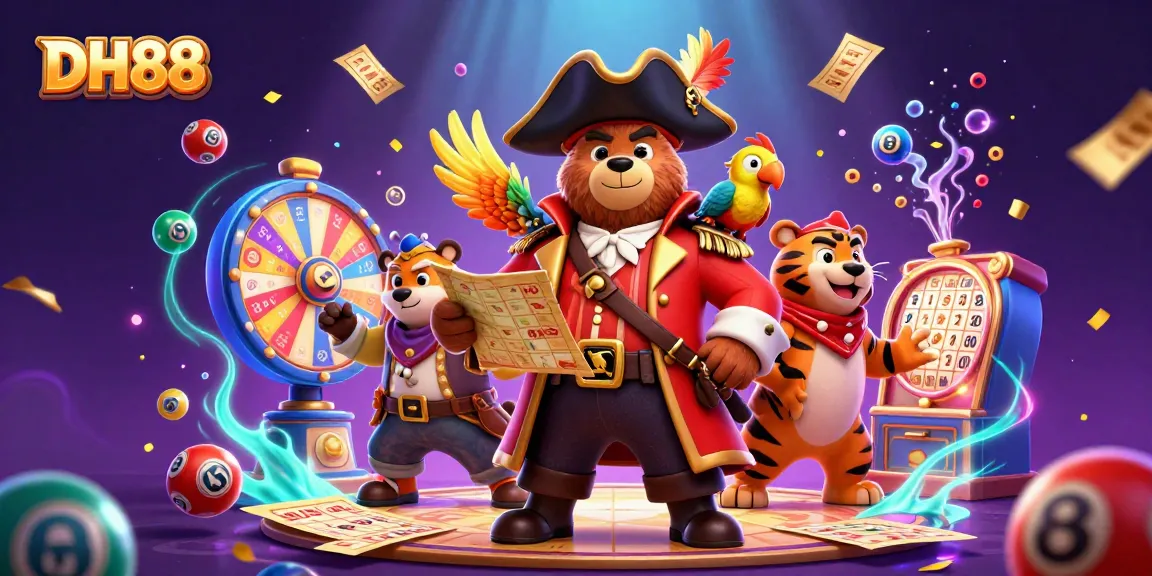 Experience excitement at DH88 with a vibrant scene featuring a pirate bear, tiger, and lottery elements.