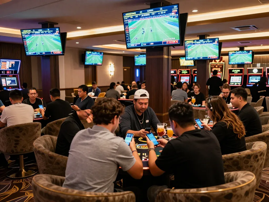 Betting action in a lively sports lounge at CM88 COM, with patrons engaged in live sports wagering