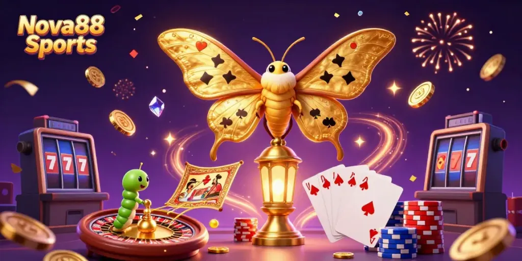 Experience Nova88 Sports with a dynamic 3D scene showcasing vibrant casino-themed elements.