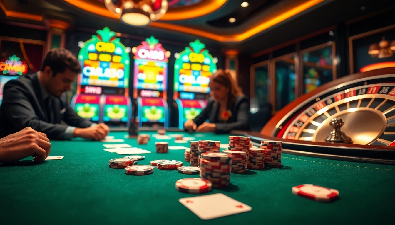 Players strategize at a poker table featuring CM88 chips in a luxurious casino ambiance.