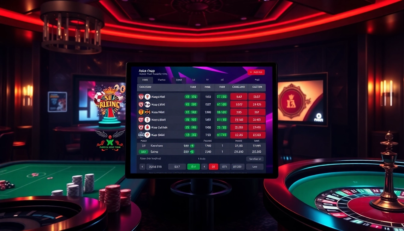 Visual depiction of Kèo châu Á betting interface with vibrant casino elements, showcasing excitement and professionalism.