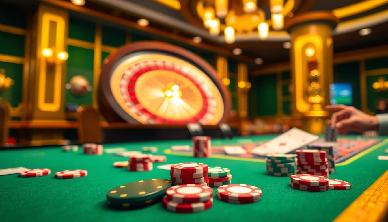 Engaging scene of gambling at the casino showing Phương thức thanh toán tại 68gb with poker chips and cards.