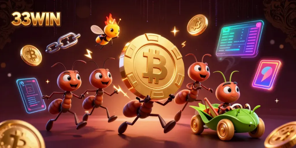 Engaging illustration of ants and a grasshopper at 33WIN, carrying a golden poker chip with crypto coins
