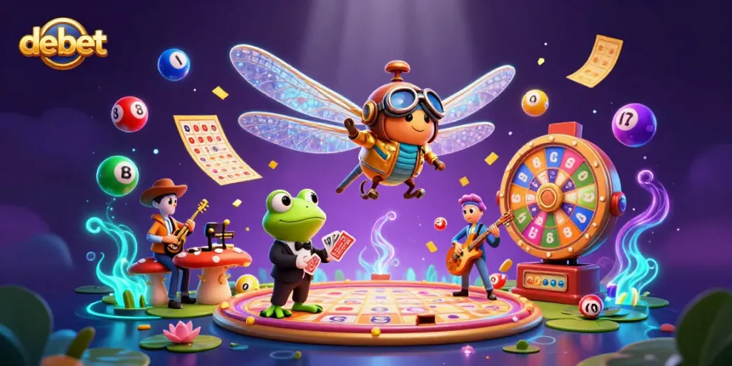 Experience exciting gaming at debet with a vibrant casino scene featuring animated characters.