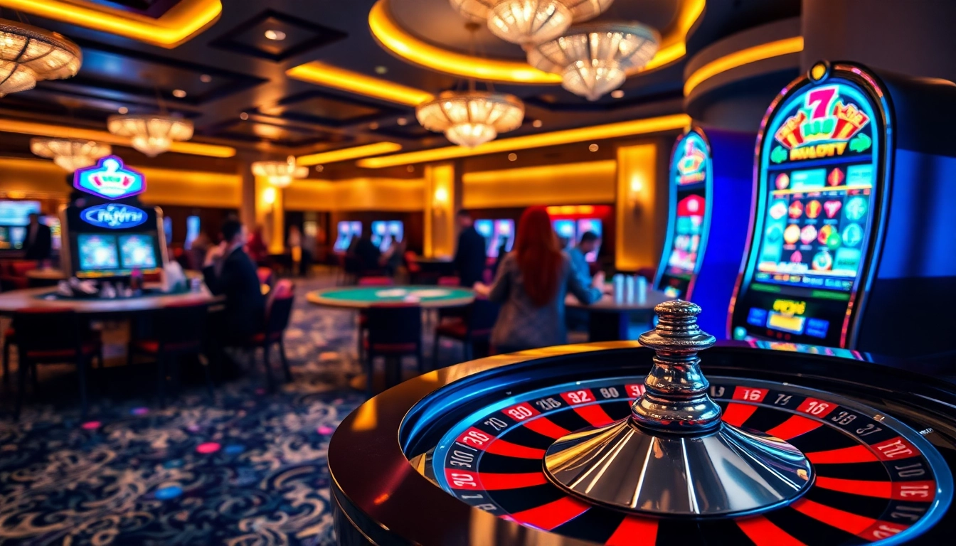 Engage with the vibrant atmosphere of 99 OK casino, showcasing a roulette wheel and poker table.