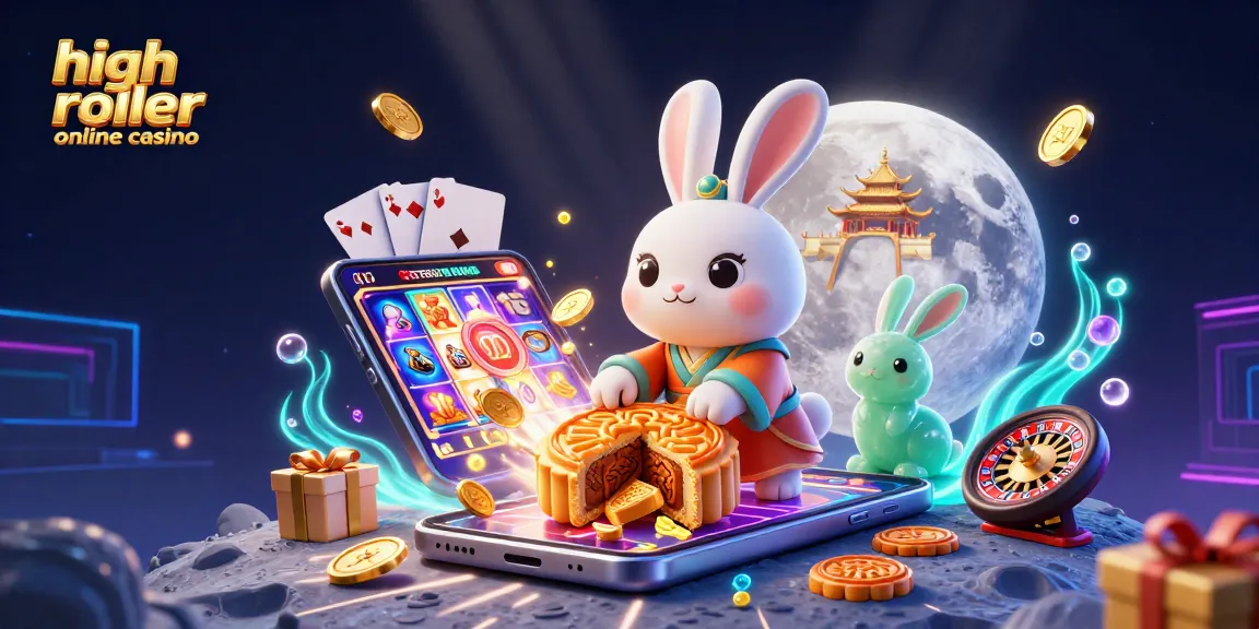 Experience high roller online casino excitement with a vibrant 3D scene featuring moon rabbits and casino games.