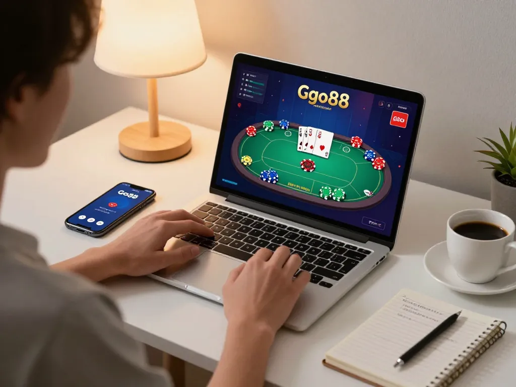 Engaging in Go88 poker game on laptop with a stylish workspace and strategy notes.