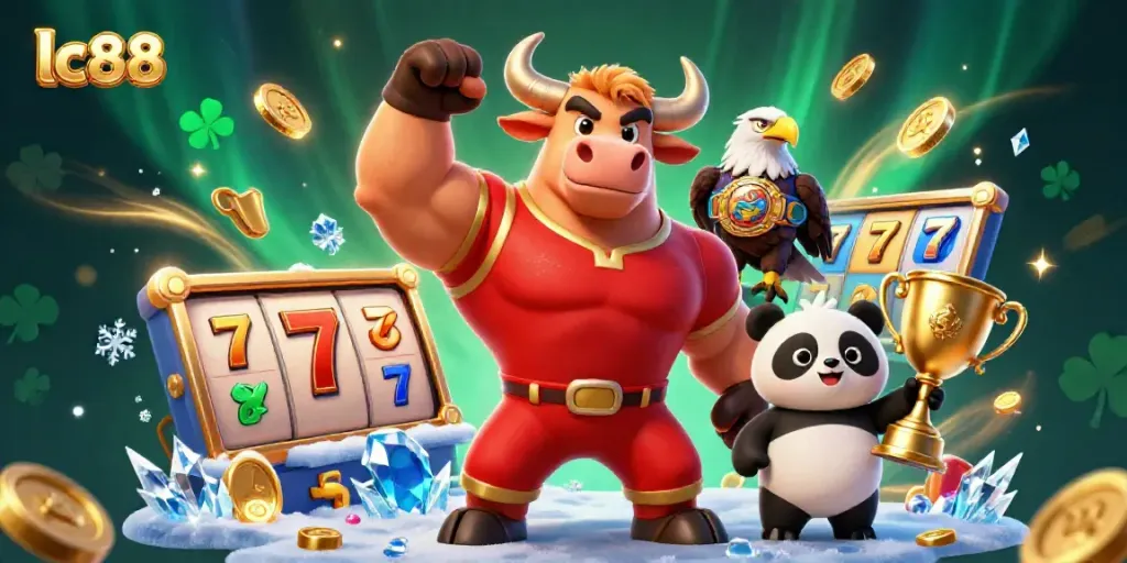 Engage and win big with lc88 as the bull mascot, eagle, and panda celebrate in an exciting slots scene.