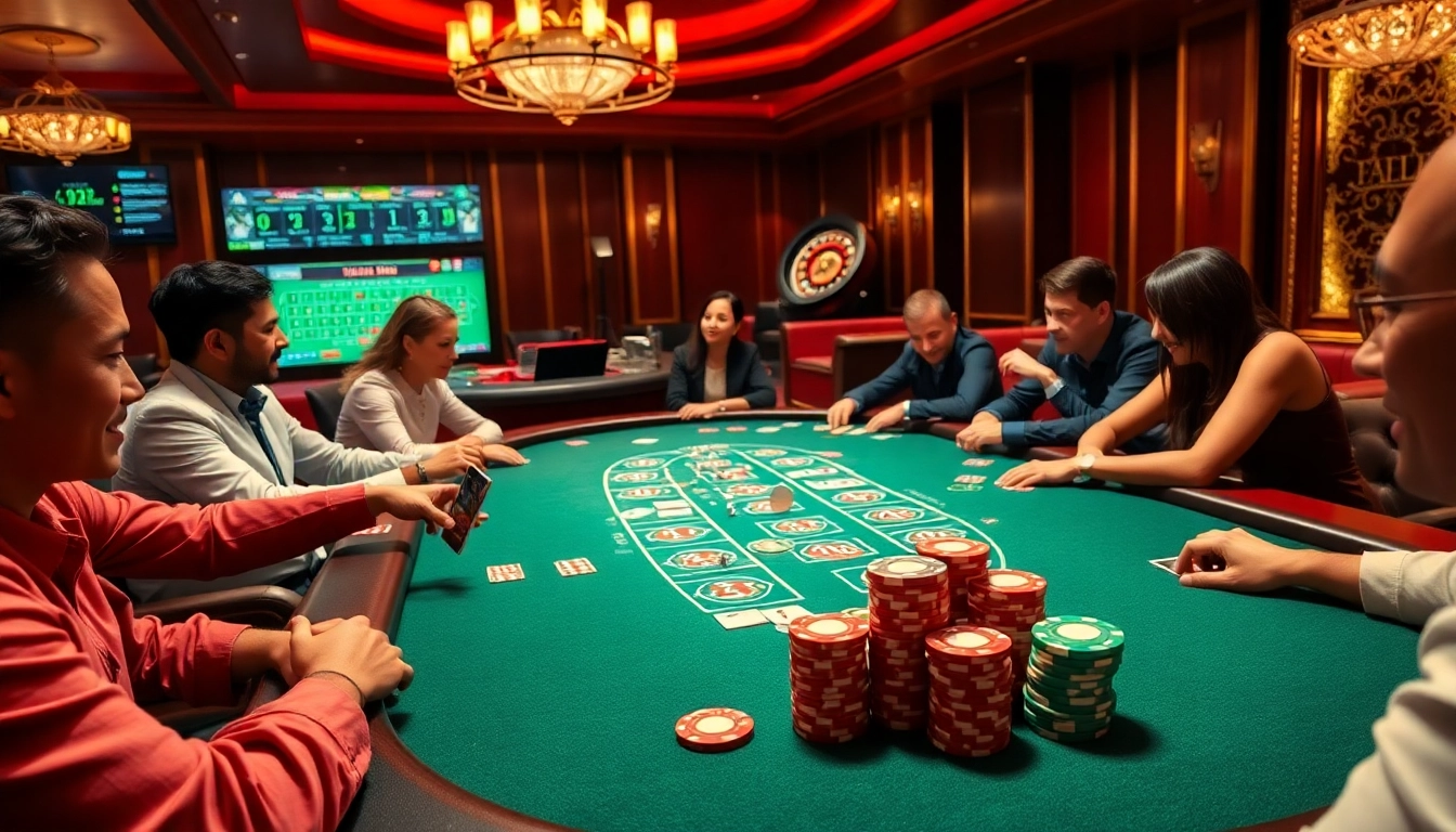A poker game at thabet college showcases vibrant poker chips and thrilling gameplay in a luxurious casino setting.