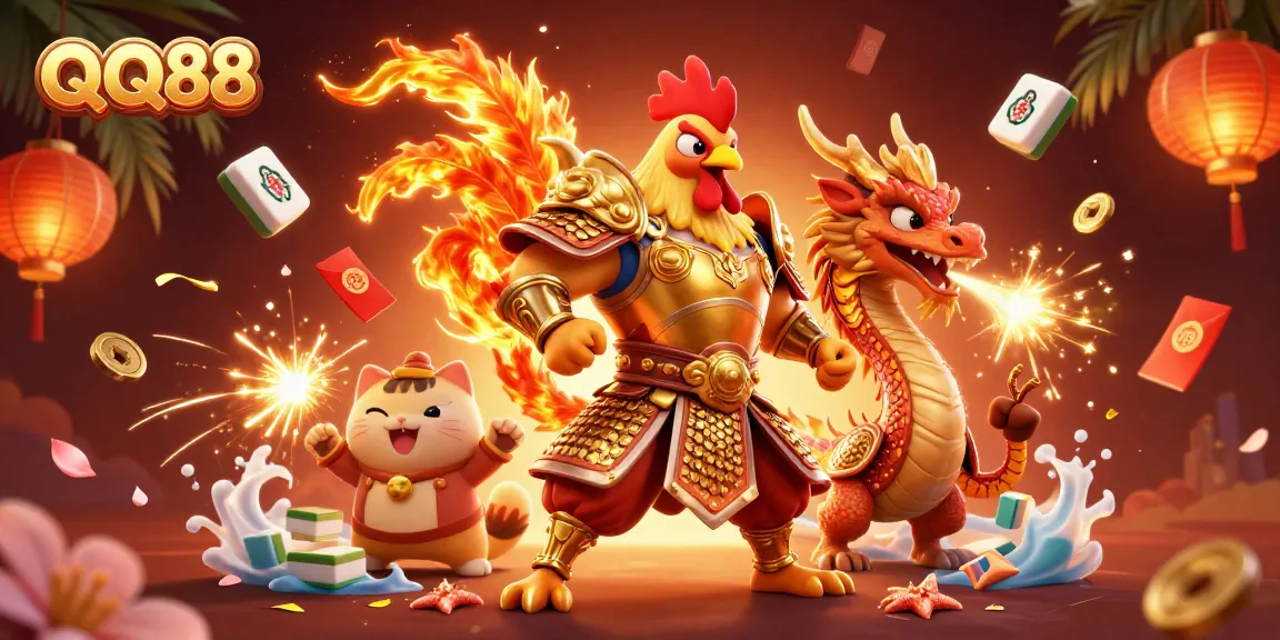 Experience thrilling gameplay and win at QQ88 with a fierce rooster warrior and dragon hatchling.