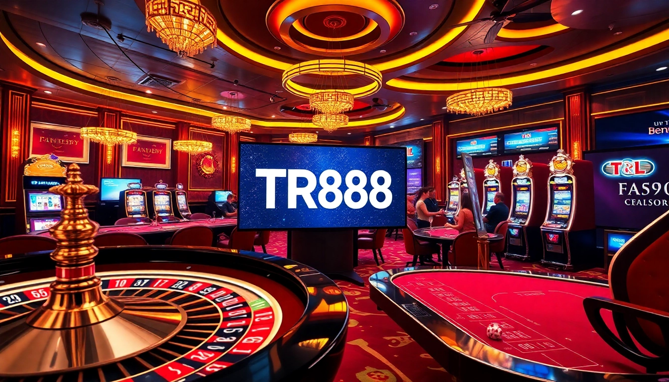 Engage with thrilling gaming action at TR88, featuring roulette and poker tables in a luxurious casino setting.