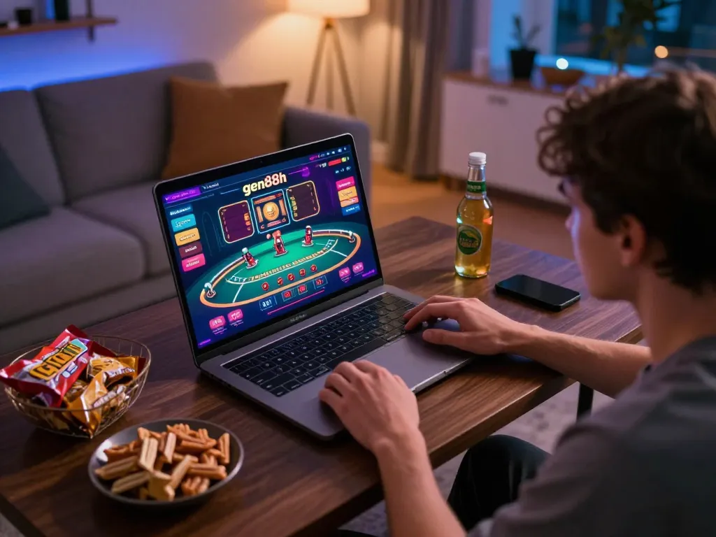 Player enjoying online casino on gen88h with live dealer blackjack in a cozy setup.