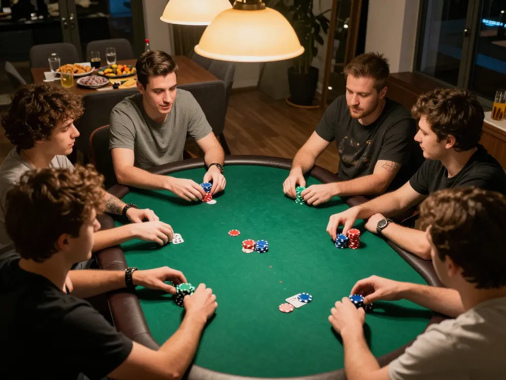 Friends playing poker at a home game night with SC88 chips displayed, capturing the excitement of strategic gameplay.