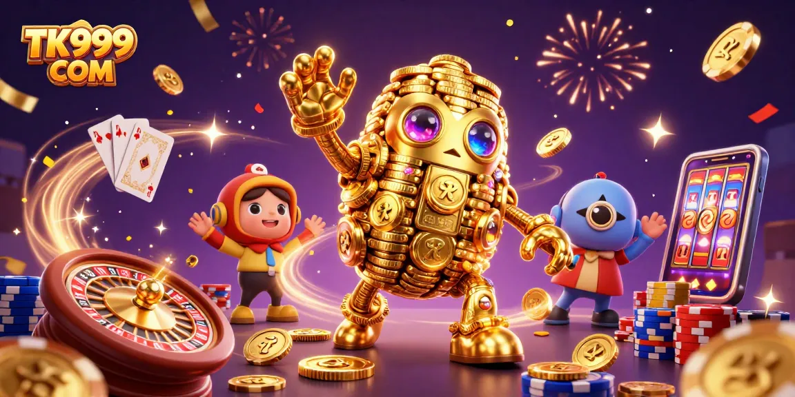 Experience excitement with TK999 COM featuring a dynamic casino scene with a golden golem and rich game elements.