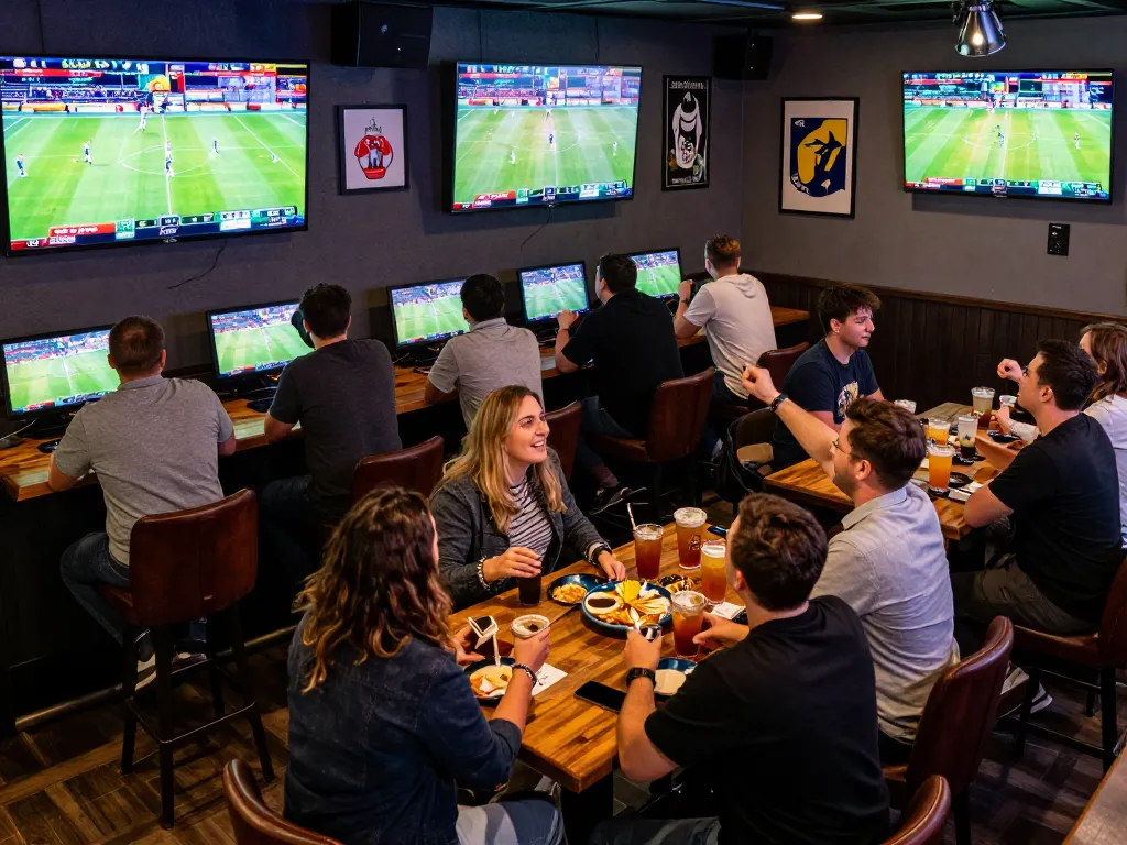 Engaged sports bettors excitedly checking odds and scores on screens at Nowgoal's live betting event.