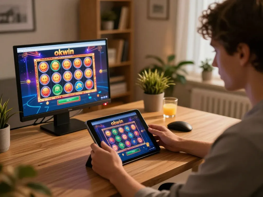Player enjoying the okwin app on a tablet, showcasing engaging online casino experience.