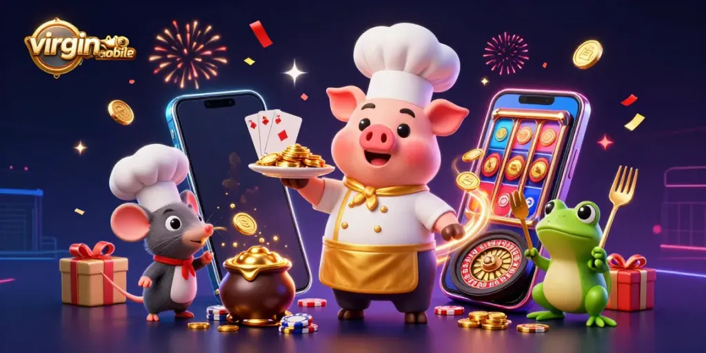 Experience thrilling moments with virgin-mobile as 3D characters serve golden rewards amidst exciting casino elements.