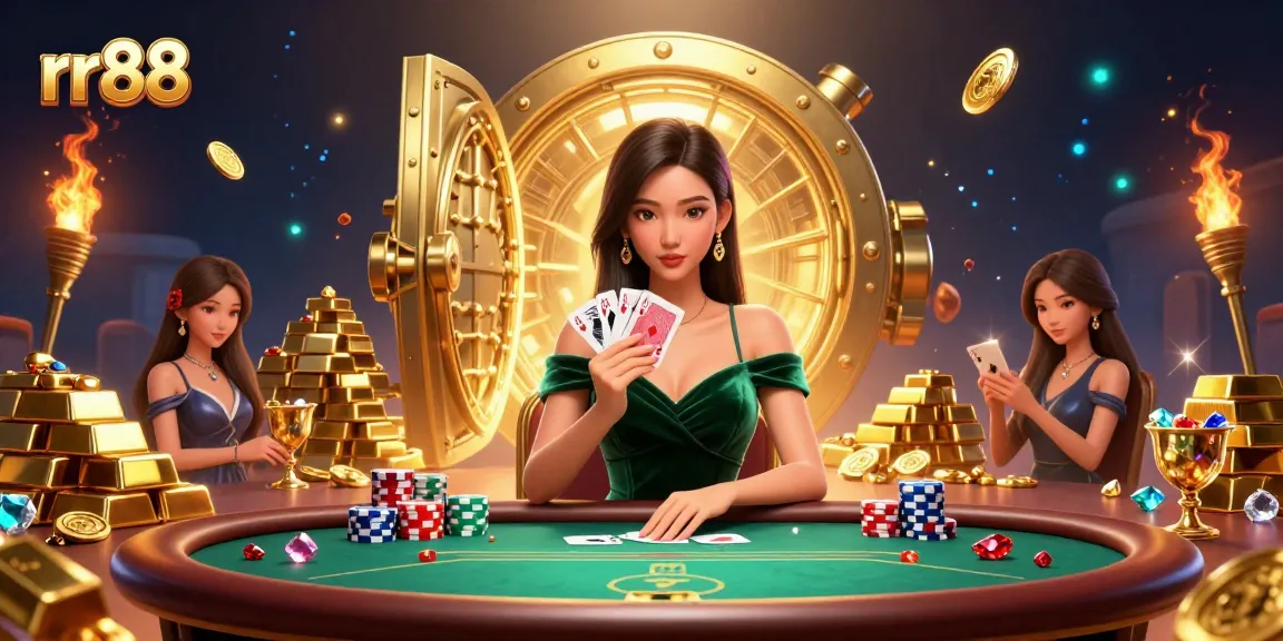 Experience thrilling poker action at rr88 with a stunning Asian dealer and lavish gold treasures.