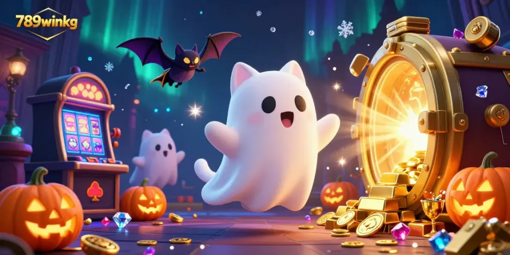 Experience the 789winkg haunted casino adventure with a ghost cat and treasures.