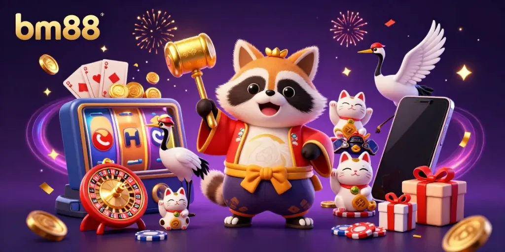 Experience the excitement of bm88 with vibrant games, golden coins, and lively characters in this captivating casino illustration.