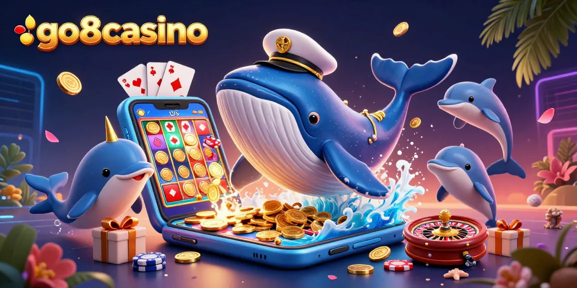 Engage with go8casino’s vibrant universe featuring a whale in a captain’s coat, alongside playful dolphins and thrilling gaming elements.